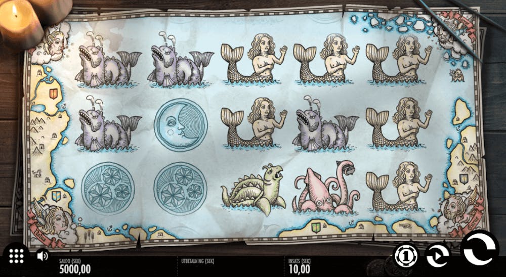 Startsidan för 1429 Uncharted Seas slot som visar en karta med bland annat sjöjungfrur, havsmonster och havssköldpaddor.