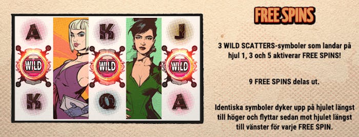 Free Spins aktiveras när 3 Wild Scatter-symboler landar på hjul 1, 3 och 5.
