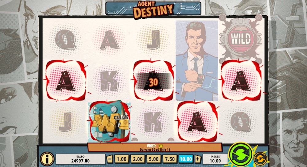 Spel på Agent Destiny slot med en insats på 10 kronor per snurr.