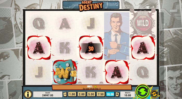 Spel på Agent Destiny slot med en insats på 10 kronor per snurr.