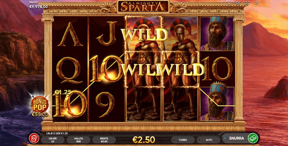 Spel på Almighty Sparta slot där wild-symboler ger vinst på 2,50 euro.