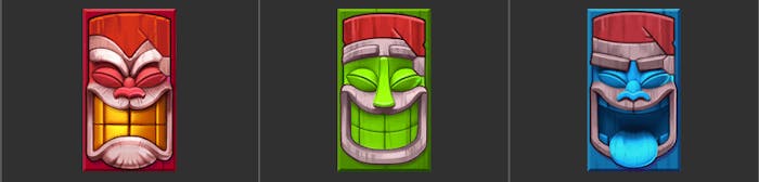 De högbetalande symbolerna är Tiki-masker i rött, grönt och blått. Den röda är mest värdefull.
