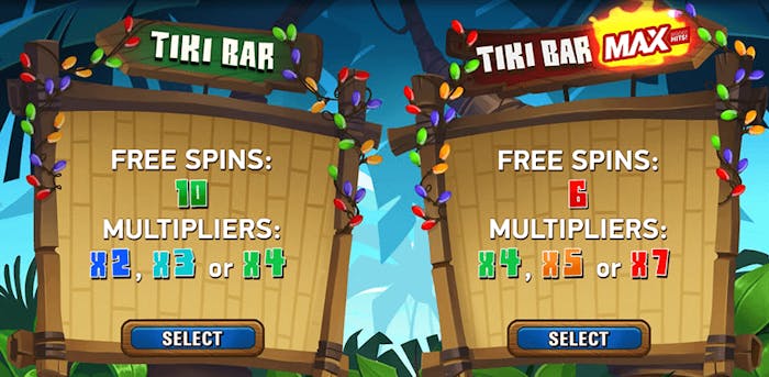 I free spins-läget kan man välja mellan två alternativ: Tiki Bar och Tiki Bar Max.