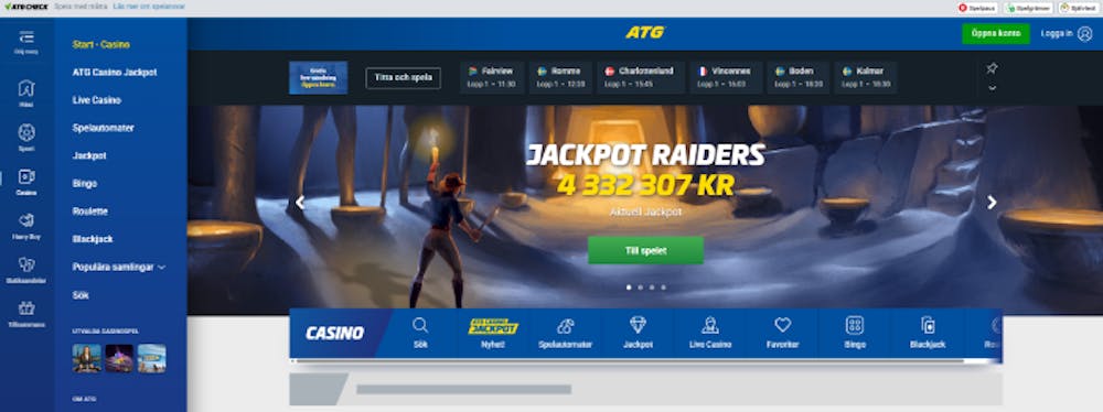 En bild som visar lobbyn på ATG casino med menyer över spelsortiment samt en banner som gör reklam för ett spel som heter Jackpot Raiders med chans på miljonvinster