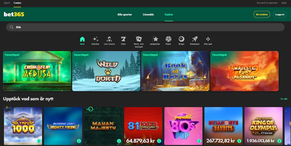 En bild på Bet365 spellobby med populära casinospel