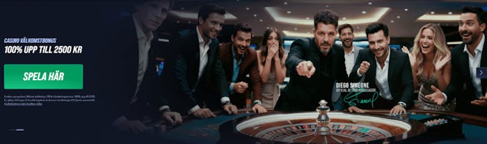 En bild som visar en man vid ett roulettebord med flera vänner runt sig och information om betinia casino bonus på upp till 2500 kr