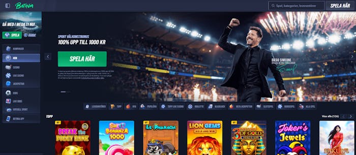 En bild som visar Betinia startsida med spel och bonusinformation
