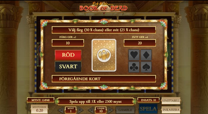 Bild som visar gamble funktionen i sloten Book of Dead 