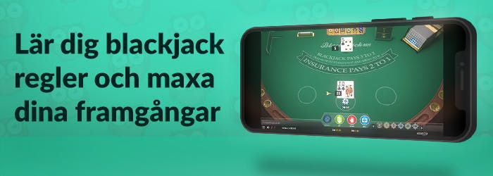 en bild som visar ett blackjackbord på mobilen och en text som säger 