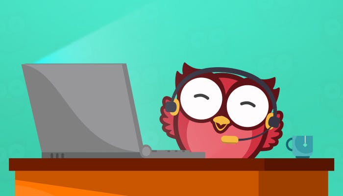 Bild på Owlie framför datorn med en kopp te bredvid sig