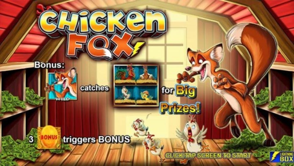 bild som visar en tecknad räv som jagar höns i ett hönshus som reklam för spelet Chicken Fox
