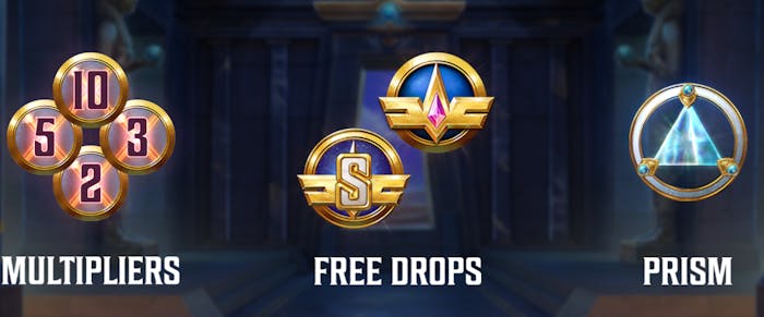 Bild som visar 3 av specialfunktioerna i Cygnus 5. Multipliers, free drops och prisma