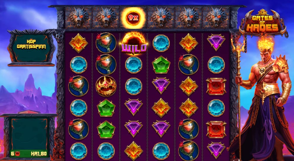 Bild på Gates of Hades som visar specialfunktionen med multiplikatorer som aktiveras av wilds i samband med en vinst