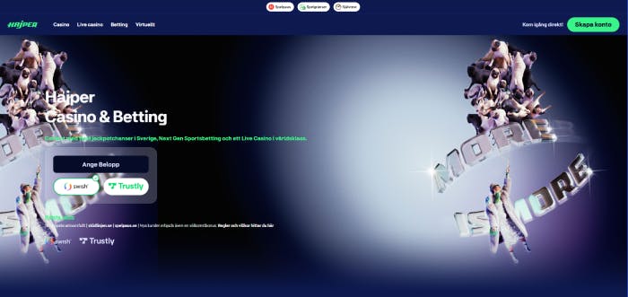 Bild som visar Hajper startsida med insättning, kontoskapande och bonus
