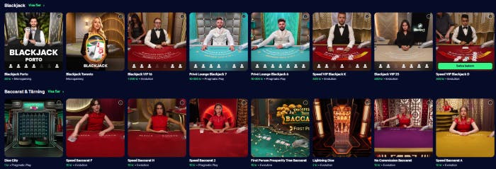 Bild som visar del av live casino lobby på Hajper