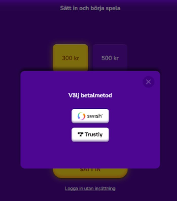 Bild som visar att man kan använda Swish och Trustly på happy casino