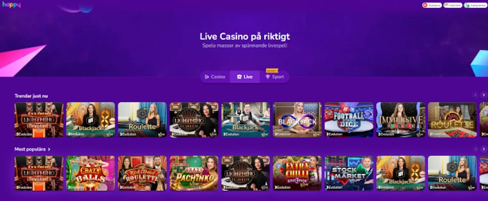 En bild som visar Happy Casino live lobby