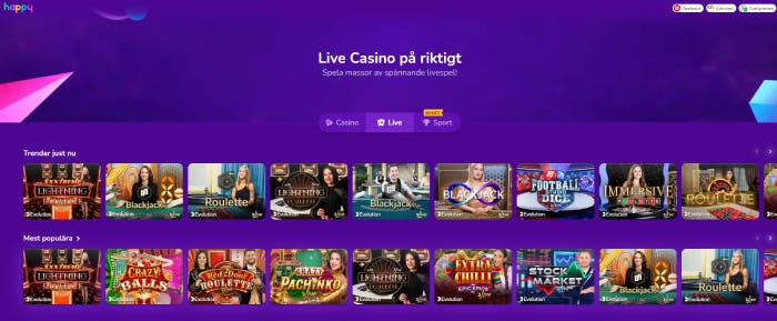 En bild som visar Happy Casino live lobby
