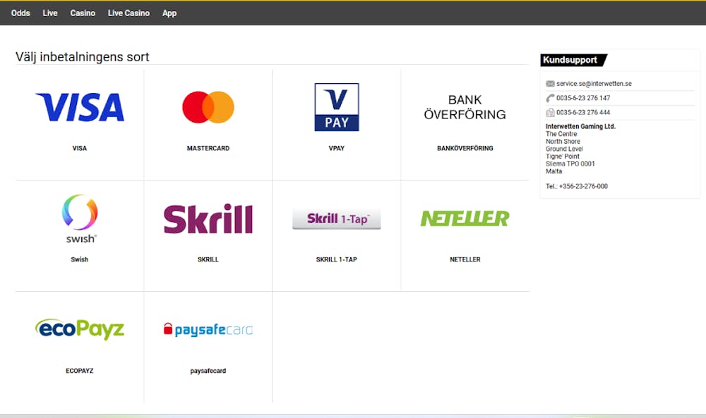 en bild som visar betalningsmetoder på Interwetten casino. VISA, Mastercard, Swish, Skrill, Neteller, Payz och Paysafecard
