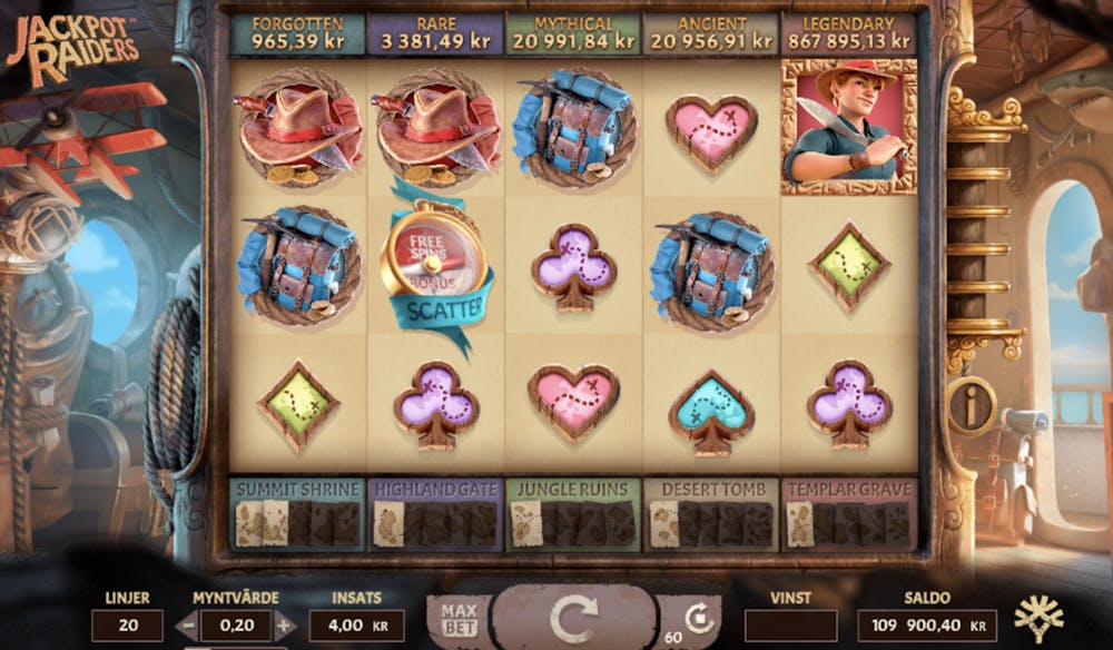 Spelplanen och dess visuella uppbyggnad i sloten Jackpot Raiders.