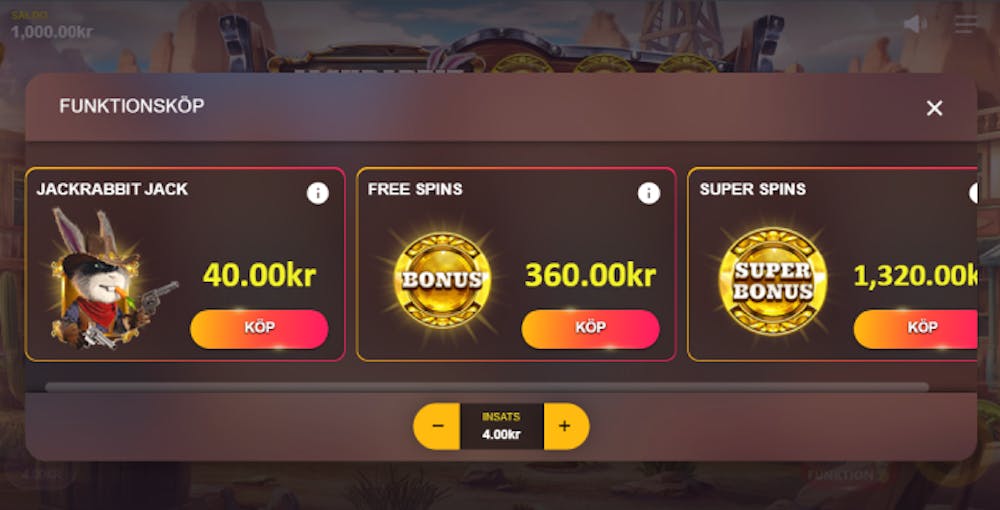 Bild som visar olika nivåer på köp av bonusspel i Jackrabbit Jackpots