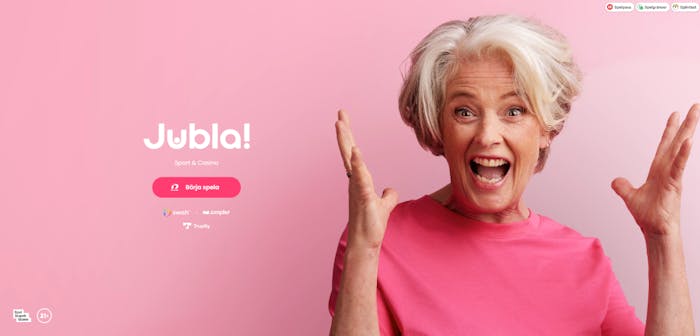 Bild som visar en superglad kvinna hos Jubla casino och login information