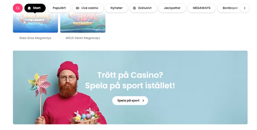 Jubla casino sport och odds en man med en vindsnurra som ser uttråkad ut och en uppmaning att spela på sport om man är trött på casinospel