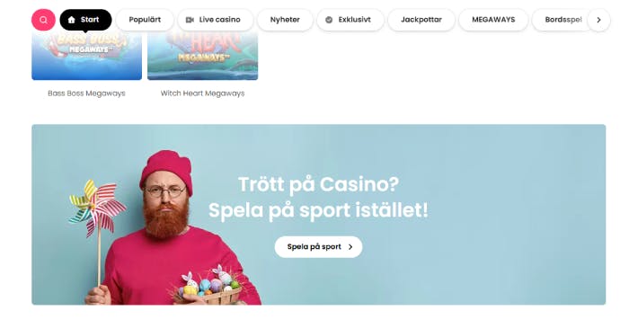 Jubla casino sport och odds en man med en vindsnurra som ser uttråkad ut och en uppmaning att spela på sport om man är trött på casinospel