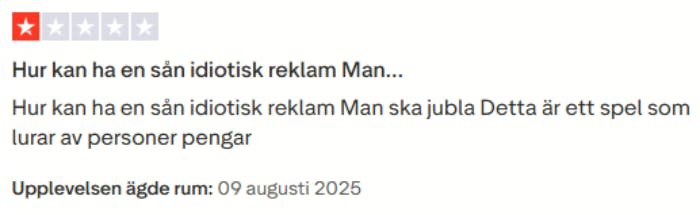 en bild som visar en missnöjd spelare som gett en dålig recension med 1 stjärna på Trustpilot