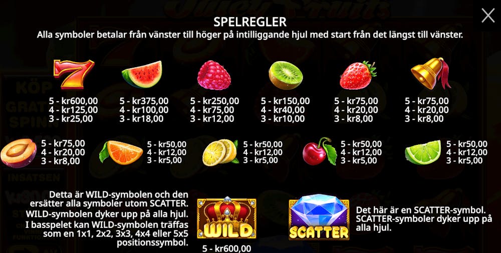 Vinnande symboler där sjuan, melonen, hallonet och kiwin är bland de högst betalande.