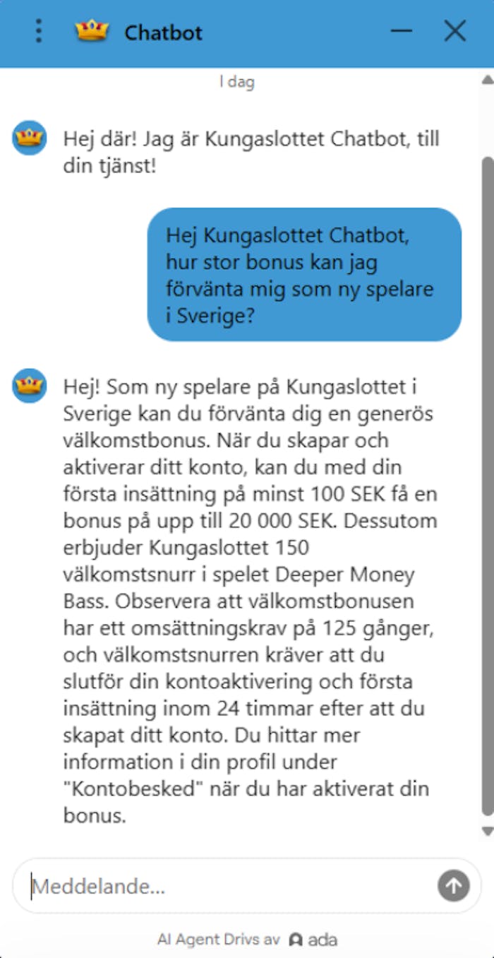 En bild som visar samtal via chat med Kungaslottets chatbot support