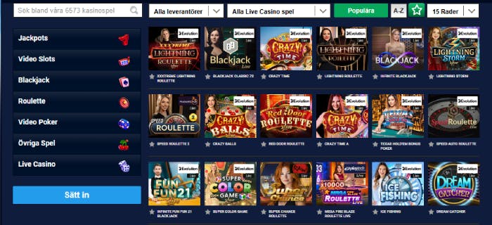 Bild som visar live casino lobby på Kungaslottet