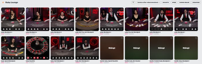 bild på lyllo live casino lobby med 16 olika bordsspel
