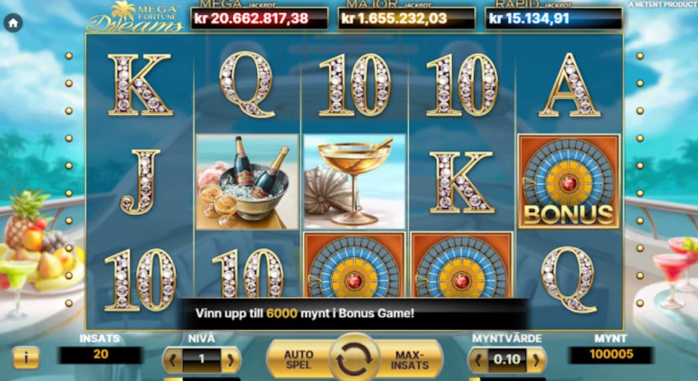 Bild som visar tre bonussymboler som aktiverar jackpottspel i Mega Fortune Dreams