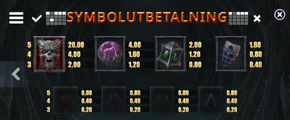En bild som visar vinsttabell i Nightmaker slot