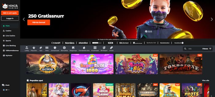Bild som visar en ninja hos ninja casino samt information om 250 free spins