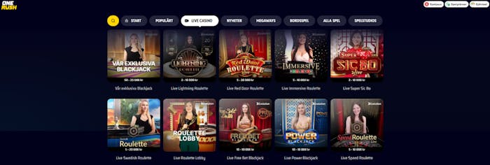 bild som visar livecasino lobby hos onerush
