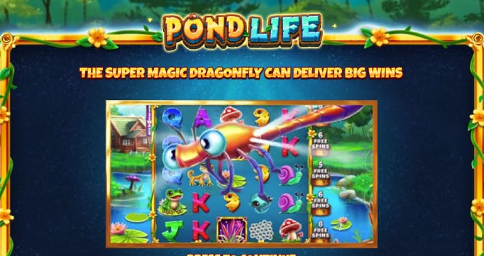En bild på Pond Life slot med en trollsslända som delar ut wilds på spelplanen