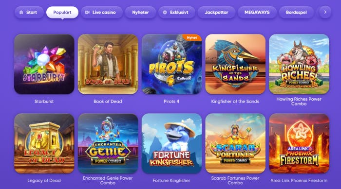 Bild som visar ett urval av slots hos pop casino
