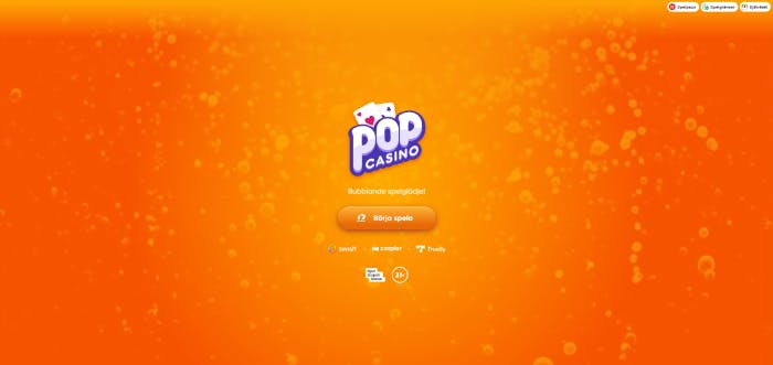 Bild som visar pop casino startsida med orange bakgrund och bubblor som i en soda pop