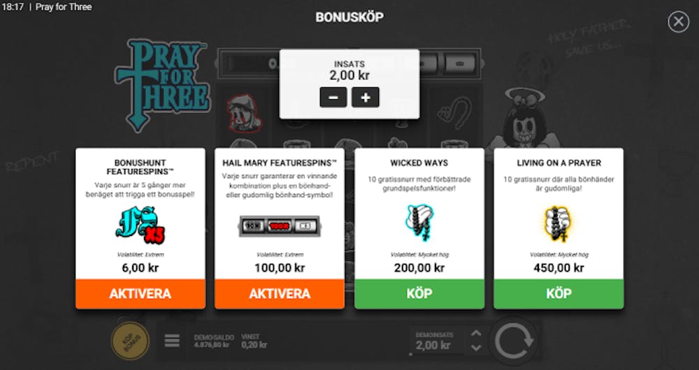 Bild som visar olika köp av bonus i Pray for Three slot