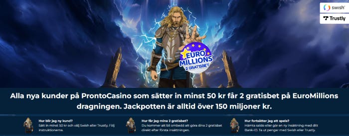 en tecknad riddare med blixtar på händerna som visar skylt med EuroMillions logotyp med orden 2 gratisbet