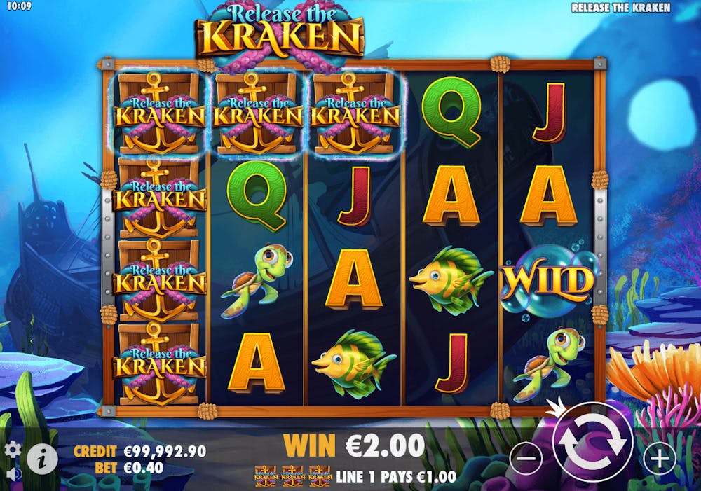 Spel på Release the Kraken slot med en insats på 0,40 euro.