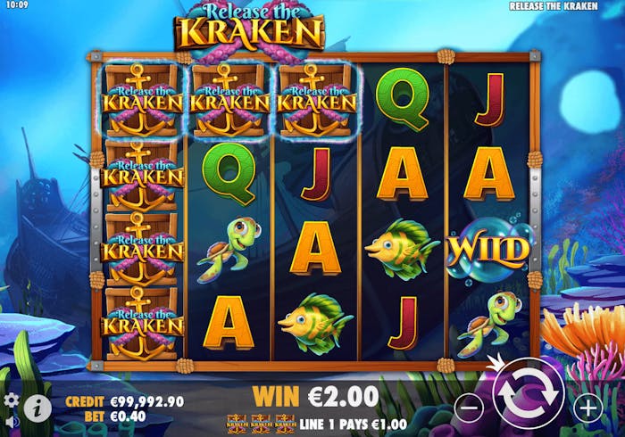 Spel på Release the Kraken slot med en insats på 0,40 euro.