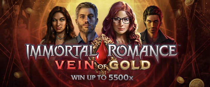 Immortal Romance Vein of Gold logo och karaktärer mot en röd bakgrund
