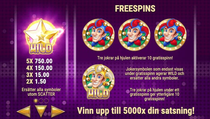 Här visas hur tre jokrar aktiverar 10 free spins i Star Joker. 