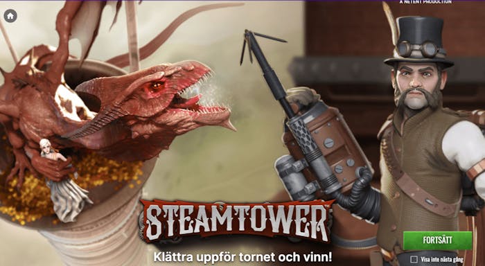 Startskärmen på sloten Steam Tower.