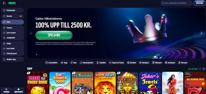 Bild som visar Swiper casino startsida med bonus på 2500 kr