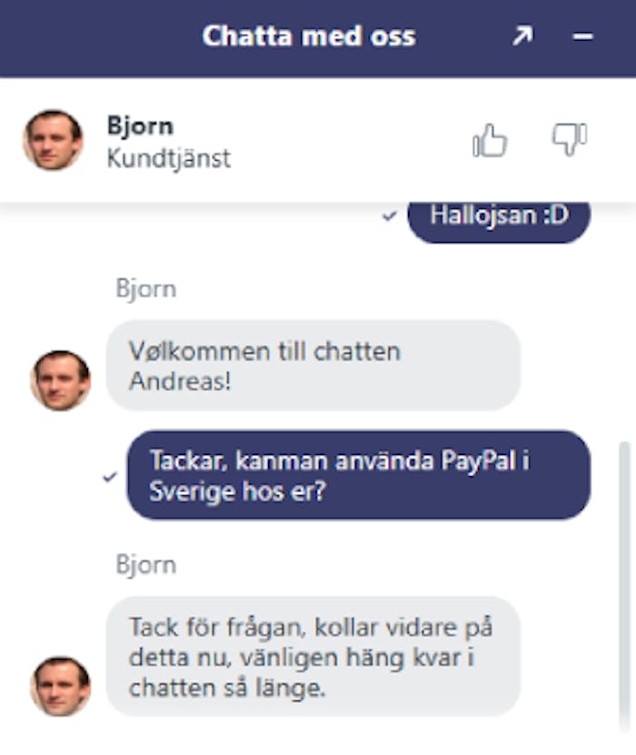 Bild som visar supportchatten på Swiper casino