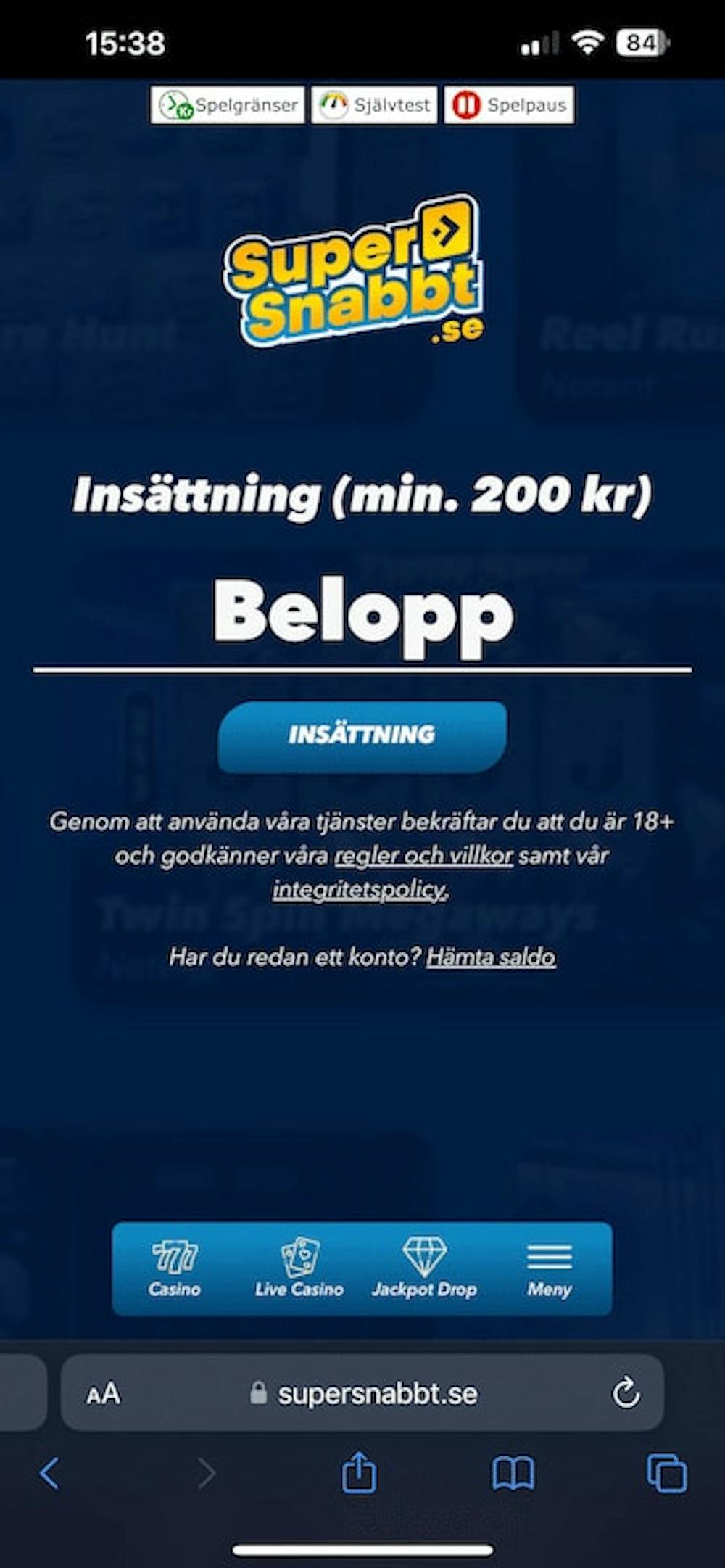 insättningar supersnabbt casino